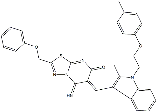 5-imino-6-({2-methyl-1-[2-(4-methylphenoxy)ethyl]-1H-indol-3-yl}methylene)-2-(phenoxymethyl)-5,6-dihydro-7H-[1,3,4]thiadiazolo[3,2-a]pyrimidin-7-one 结构式