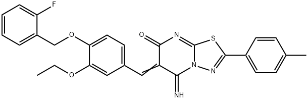 6-{3-ethoxy-4-[(2-fluorobenzyl)oxy]benzylidene}-5-imino-2-(4-methylphenyl)-5,6-dihydro-7H-[1,3,4]thiadiazolo[3,2-a]pyrimidin-7-one 结构式