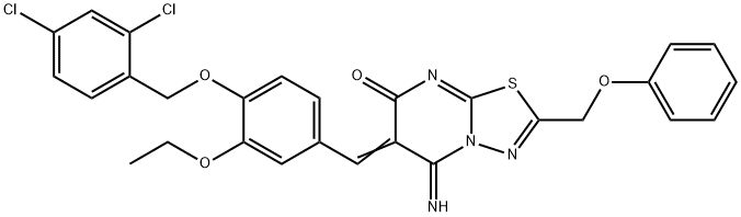 6-{4-[(2,4-dichlorobenzyl)oxy]-3-ethoxybenzylidene}-5-imino-2-(phenoxymethyl)-5,6-dihydro-7H-[1,3,4]thiadiazolo[3,2-a]pyrimidin-7-one 结构式