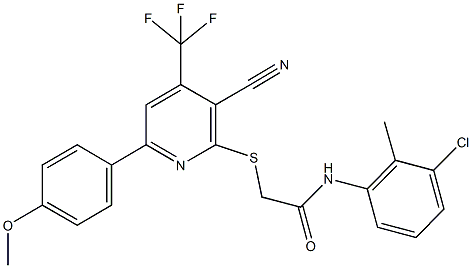 N-(3-chloro-2-methylphenyl)-2-{[3-cyano-6-(4-methoxyphenyl)-4-(trifluoromethyl)-2-pyridinyl]sulfanyl}acetamide 结构式