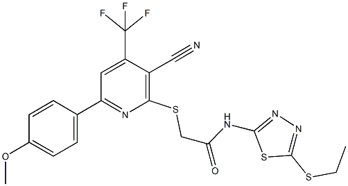 2-{[3-cyano-6-(4-methoxyphenyl)-4-(trifluoromethyl)-2-pyridinyl]sulfanyl}-N-[5-(ethylsulfanyl)-1,3,4-thiadiazol-2-yl]acetamide 结构式