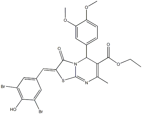 ethyl 2-(3,5-dibromo-4-hydroxybenzylidene)-5-(3,4-dimethoxyphenyl)-7-methyl-3-oxo-2,3-dihydro-5H-[1,3]thiazolo[3,2-a]pyrimidine-6-carboxylate 结构式