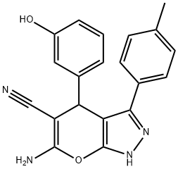 6-amino-4-(3-hydroxyphenyl)-3-(4-methylphenyl)-1,4-dihydropyrano[2,3-c]pyrazole-5-carbonitrile 结构式