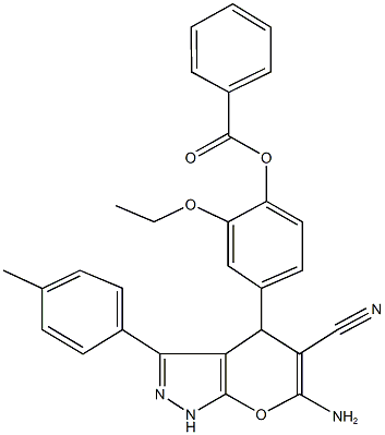 4-[6-amino-5-cyano-3-(4-methylphenyl)-1,4-dihydropyrano[2,3-c]pyrazol-4-yl]-2-ethoxyphenyl benzoate 结构式