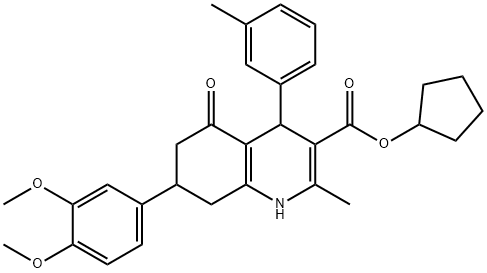 cyclopentyl 7-(3,4-dimethoxyphenyl)-2-methyl-4-(3-methylphenyl)-5-oxo-1,4,5,6,7,8-hexahydro-3-quinolinecarboxylate 结构式