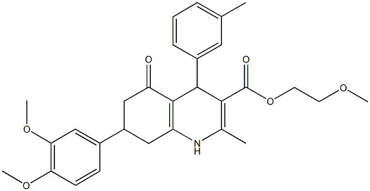 2-methoxyethyl 7-(3,4-dimethoxyphenyl)-2-methyl-4-(3-methylphenyl)-5-oxo-1,4,5,6,7,8-hexahydro-3-quinolinecarboxylate 结构式