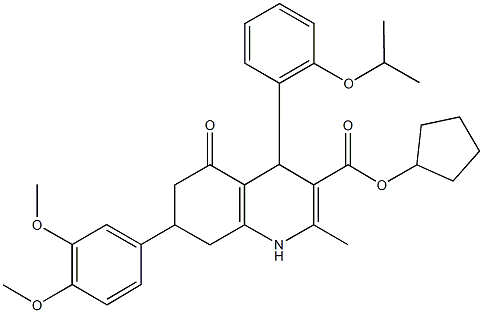 cyclopentyl 7-(3,4-dimethoxyphenyl)-4-(2-isopropoxyphenyl)-2-methyl-5-oxo-1,4,5,6,7,8-hexahydro-3-quinolinecarboxylate 结构式