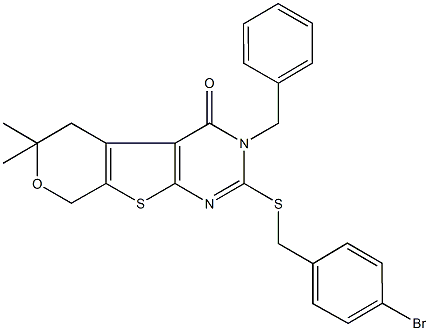 3-benzyl-2-[(4-bromobenzyl)sulfanyl]-6,6-dimethyl-3,5,6,8-tetrahydro-4H-pyrano[4',3':4,5]thieno[2,3-d]pyrimidin-4-one 结构式