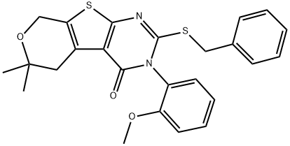 2-(benzylsulfanyl)-3-(2-methoxyphenyl)-6,6-dimethyl-3,5,6,8-tetrahydro-4H-pyrano[4',3':4,5]thieno[2,3-d]pyrimidin-4-one 结构式