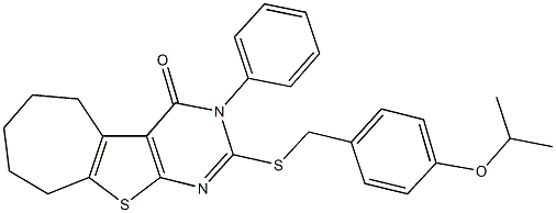 2-[(4-isopropoxybenzyl)sulfanyl]-3-phenyl-3,5,6,7,8,9-hexahydro-4H-cyclohepta[4,5]thieno[2,3-d]pyrimidin-4-one 结构式