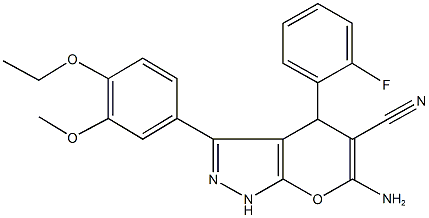 6-amino-3-(4-ethoxy-3-methoxyphenyl)-4-(2-fluorophenyl)-1,4-dihydropyrano[2,3-c]pyrazole-5-carbonitrile 结构式