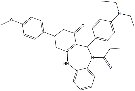 11-[4-(diethylamino)phenyl]-3-(4-methoxyphenyl)-10-propionyl-2,3,4,5,10,11-hexahydro-1H-dibenzo[b,e][1,4]diazepin-1-one 结构式