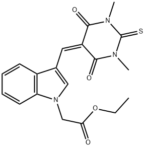 ethyl {3-[(1,3-dimethyl-4,6-dioxo-2-thioxotetrahydro-5(2H)-pyrimidinylidene)methyl]-1H-indol-1-yl}acetate 结构式