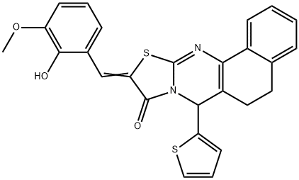 10-(2-hydroxy-3-methoxybenzylidene)-7-(2-thienyl)-5,7-dihydro-6H-benzo[h][1,3]thiazolo[2,3-b]quinazolin-9(10H)-one 结构式