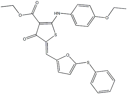 ethyl 2-(4-ethoxyanilino)-4-oxo-5-{[5-(phenylsulfanyl)-2-furyl]methylene}-4,5-dihydro-3-thiophenecarboxylate 结构式