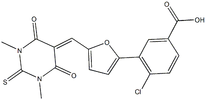 4-chloro-3-{5-[(1,3-dimethyl-4,6-dioxo-2-thioxotetrahydro-5(2H)-pyrimidinylidene)methyl]-2-furyl}benzoic acid 结构式