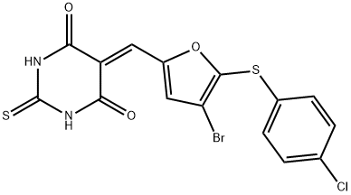 5-({4-bromo-5-[(4-chlorophenyl)sulfanyl]-2-furyl}methylene)-2-thioxodihydro-4,6(1H,5H)-pyrimidinedione 结构式