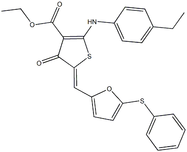 ethyl 2-(4-ethylanilino)-4-oxo-5-{[5-(phenylsulfanyl)-2-furyl]methylene}-4,5-dihydro-3-thiophenecarboxylate 结构式