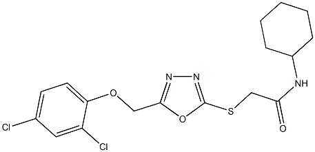 N-cyclohexyl-2-({5-[(2,4-dichlorophenoxy)methyl]-1,3,4-oxadiazol-2-yl}sulfanyl)acetamide 结构式