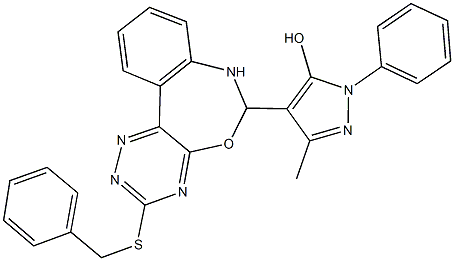 4-[3-(benzylsulfanyl)-6,7-dihydro[1,2,4]triazino[5,6-d][3,1]benzoxazepin-6-yl]-3-methyl-1-phenyl-1H-pyrazol-5-ol 结构式