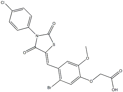 (5-bromo-4-{[3-(4-chlorophenyl)-2,4-dioxo-1,3-thiazolidin-5-ylidene]methyl}-2-methoxyphenoxy)acetic acid 结构式