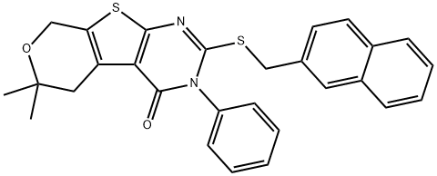 6,6-dimethyl-2-[(2-naphthylmethyl)sulfanyl]-3-phenyl-3,5,6,8-tetrahydro-4H-pyrano[4',3':4,5]thieno[2,3-d]pyrimidin-4-one 结构式