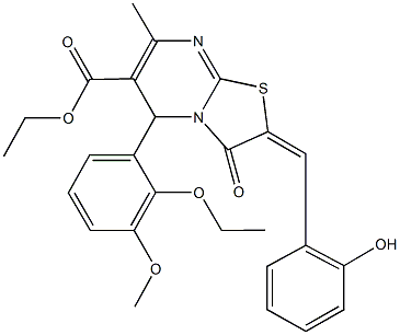 ethyl 5-(2-ethoxy-3-methoxyphenyl)-2-(2-hydroxybenzylidene)-7-methyl-3-oxo-2,3-dihydro-5H-[1,3]thiazolo[3,2-a]pyrimidine-6-carboxylate 结构式