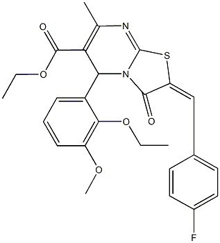 ethyl 5-(2-ethoxy-3-methoxyphenyl)-2-(4-fluorobenzylidene)-7-methyl-3-oxo-2,3-dihydro-5H-[1,3]thiazolo[3,2-a]pyrimidine-6-carboxylate 结构式