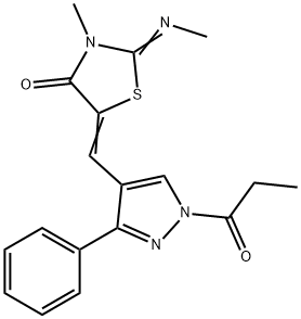 3-methyl-2-(methylimino)-5-[(3-phenyl-1-propionyl-1H-pyrazol-4-yl)methylene]-1,3-thiazolidin-4-one 结构式