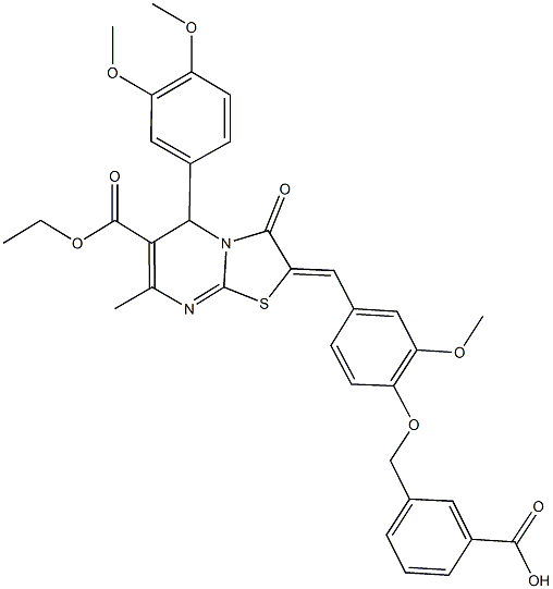 3-({4-[(5-(3,4-dimethoxyphenyl)-6-(ethoxycarbonyl)-7-methyl-3-oxo-5H-[1,3]thiazolo[3,2-a]pyrimidin-2(3H)-ylidene)methyl]-2-methoxyphenoxy}methyl)benzoic acid 结构式