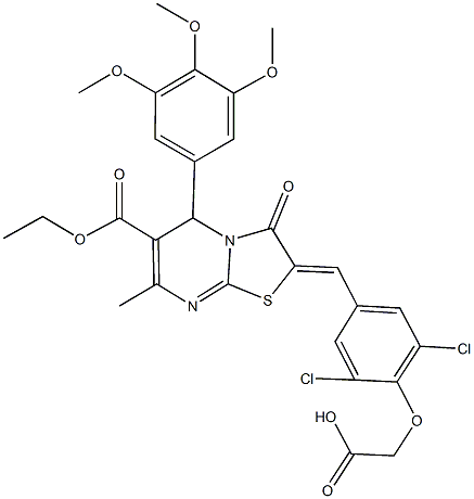 {2,6-dichloro-4-[(6-(ethoxycarbonyl)-7-methyl-3-oxo-5-(3,4,5-trimethoxyphenyl)-5H-[1,3]thiazolo[3,2-a]pyrimidin-2(3H)-ylidene)methyl]phenoxy}acetic acid 结构式