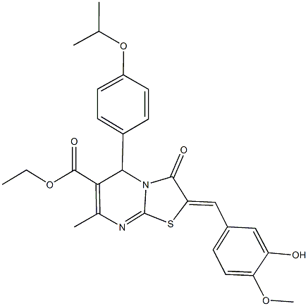 ethyl 2-(3-hydroxy-4-methoxybenzylidene)-5-(4-isopropoxyphenyl)-7-methyl-3-oxo-2,3-dihydro-5H-[1,3]thiazolo[3,2-a]pyrimidine-6-carboxylate 结构式