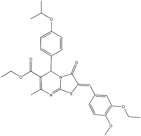 ethyl 2-(3-ethoxy-4-methoxybenzylidene)-5-(4-isopropoxyphenyl)-7-methyl-3-oxo-2,3-dihydro-5H-[1,3]thiazolo[3,2-a]pyrimidine-6-carboxylate 结构式