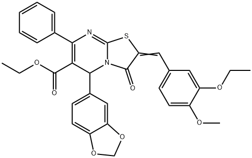 ethyl 5-(1,3-benzodioxol-5-yl)-2-(3-ethoxy-4-methoxybenzylidene)-3-oxo-7-phenyl-2,3-dihydro-5H-[1,3]thiazolo[3,2-a]pyrimidine-6-carboxylate 结构式