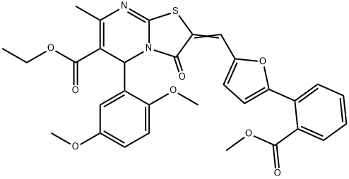 ethyl 5-(2,5-dimethoxyphenyl)-2-({5-[2-(methoxycarbonyl)phenyl]-2-furyl}methylene)-7-methyl-3-oxo-2,3-dihydro-5H-[1,3]thiazolo[3,2-a]pyrimidine-6-carboxylate 结构式