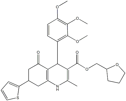 tetrahydro-2-furanylmethyl 2-methyl-5-oxo-7-(2-thienyl)-4-(2,3,4-trimethoxyphenyl)-1,4,5,6,7,8-hexahydro-3-quinolinecarboxylate 结构式