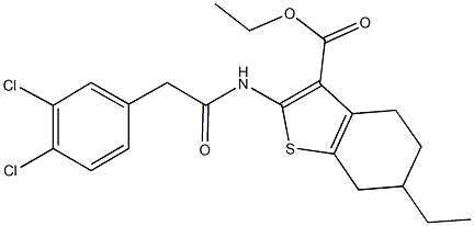 ethyl 2-{[(3,4-dichlorophenyl)acetyl]amino}-6-ethyl-4,5,6,7-tetrahydro-1-benzothiophene-3-carboxylate 结构式