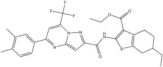 ethyl 2-({[5-(3,4-dimethylphenyl)-7-(trifluoromethyl)pyrazolo[1,5-a]pyrimidin-2-yl]carbonyl}amino)-6-ethyl-4,5,6,7-tetrahydro-1-benzothiophene-3-carboxylate 结构式