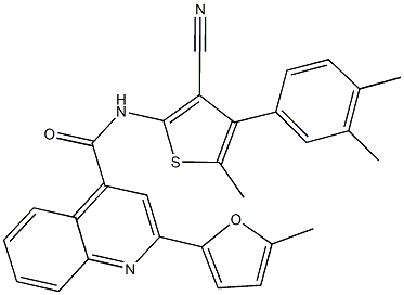 N-[3-cyano-4-(3,4-dimethylphenyl)-5-methyl-2-thienyl]-2-(5-methyl-2-furyl)-4-quinolinecarboxamide 结构式