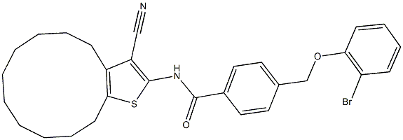 4-[(2-bromophenoxy)methyl]-N-(3-cyano-4,5,6,7,8,9,10,11,12,13-decahydrocyclododeca[b]thien-2-yl)benzamide 结构式