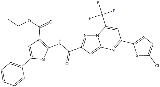 ethyl 2-({[5-(5-chloro-2-thienyl)-7-(trifluoromethyl)pyrazolo[1,5-a]pyrimidin-2-yl]carbonyl}amino)-5-phenyl-3-thiophenecarboxylate 结构式