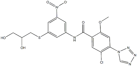 5-chloro-N-{3-[(2,3-dihydroxypropyl)sulfanyl]-5-nitrophenyl}-2-methoxy-4-(1H-tetraazol-1-yl)benzamide 结构式