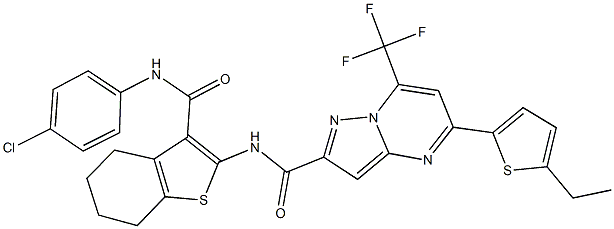 N-{3-[(4-chloroanilino)carbonyl]-4,5,6,7-tetrahydro-1-benzothien-2-yl}-5-(5-ethyl-2-thienyl)-7-(trifluoromethyl)pyrazolo[1,5-a]pyrimidine-2-carboxamide 结构式