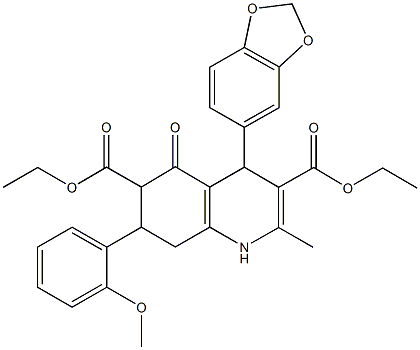 diethyl 4-(1,3-benzodioxol-5-yl)-7-(2-methoxyphenyl)-2-methyl-5-oxo-1,4,5,6,7,8-hexahydro-3,6-quinolinedicarboxylate 结构式