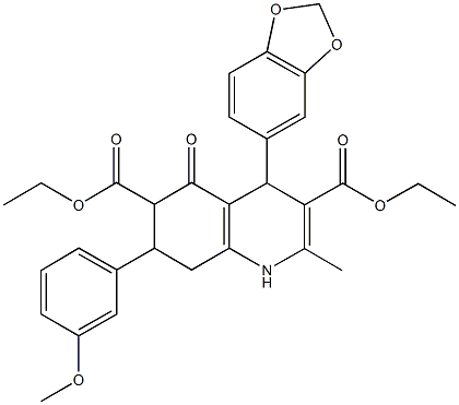 diethyl 4-(1,3-benzodioxol-5-yl)-7-(3-methoxyphenyl)-2-methyl-5-oxo-1,4,5,6,7,8-hexahydro-3,6-quinolinedicarboxylate 结构式