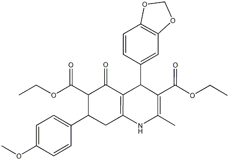 diethyl 4-(1,3-benzodioxol-5-yl)-7-(4-methoxyphenyl)-2-methyl-5-oxo-1,4,5,6,7,8-hexahydro-3,6-quinolinedicarboxylate 结构式