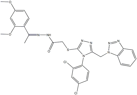 2-{[5-(1H-1,2,3-benzotriazol-1-ylmethyl)-4-(2,4-dichlorophenyl)-4H-1,2,4-triazol-3-yl]sulfanyl}-N'-[1-(2,4-dimethoxyphenyl)ethylidene]acetohydrazide 结构式