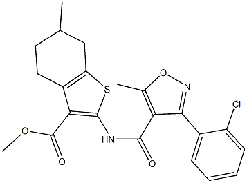 methyl 2-({[3-(2-chlorophenyl)-5-methyl-4-isoxazolyl]carbonyl}amino)-6-methyl-4,5,6,7-tetrahydro-1-benzothiophene-3-carboxylate 结构式