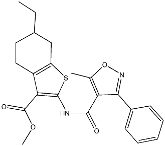 methyl 6-ethyl-2-{[(5-methyl-3-phenyl-4-isoxazolyl)carbonyl]amino}-4,5,6,7-tetrahydro-1-benzothiophene-3-carboxylate 结构式