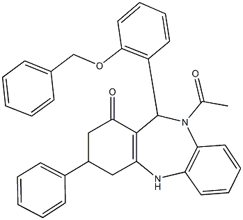 10-acetyl-11-[2-(benzyloxy)phenyl]-3-phenyl-2,3,4,5,10,11-hexahydro-1H-dibenzo[b,e][1,4]diazepin-1-one 结构式